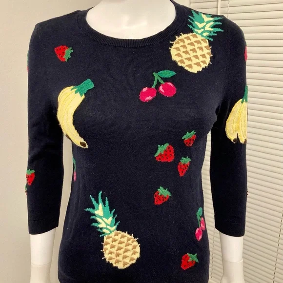 Talbots Sweater Fruit Print Embellished 3/4 Sleeves Navy Cotton Blend Size- XS - Picture 2 of 12